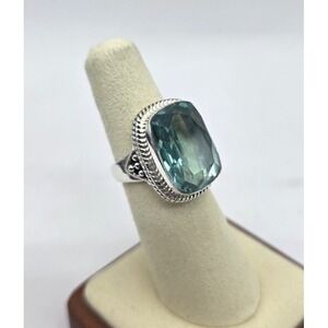 Aquamarine Rectangle Ring Size 6.75 Sterling Silver 925 Band Statement Handmade